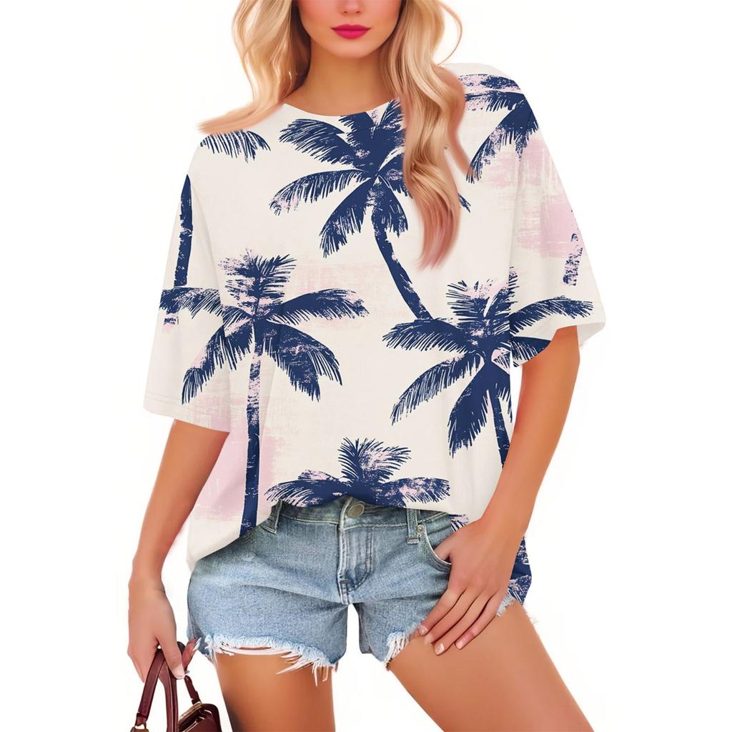 Women's Fashion Casual Floral Loose Round Neck Short Sleeve Trendy Holiday T-shirt Top