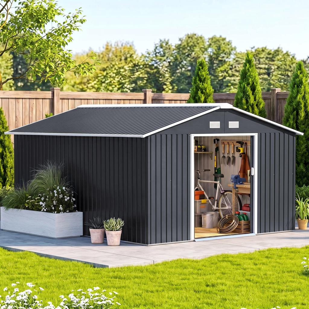 Capanno da Giardino, 12,4 m², 340 x 386 x 200 cm, 2 Porte Scorrevoli, Grigio Scuro