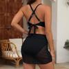 Damen Badeanzug Schwarz Back Tide Mesh Splicing Hohe Taille Badeanzug Bikinianzug Strandmode Badeanzüge