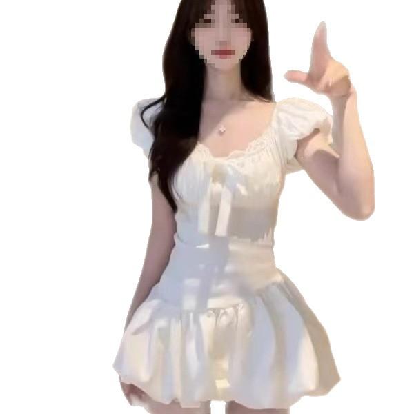 French Gentle Wind Pure White Bubble Sleeve Dress Lace Splicing Date Waist A-word Bud Short Skirt