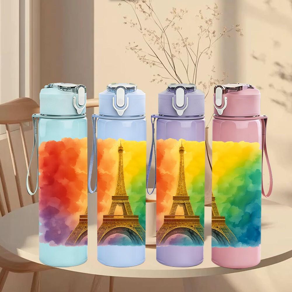 1PC Rainbow Eiffel Tower 750ml Color Plastic Sports Water Bottle Leakproof Flip Straw Lid Suitable for Sports Office Home Use