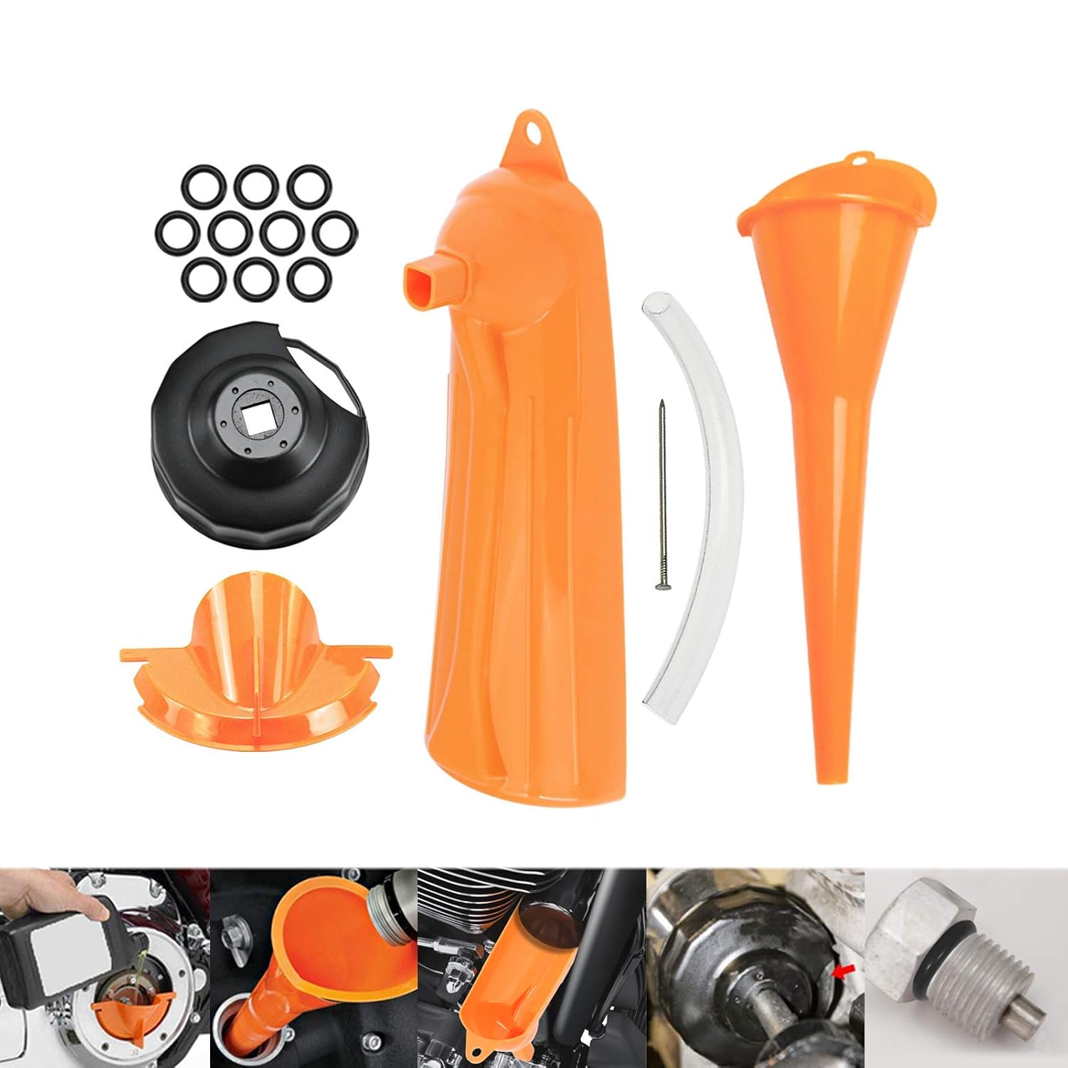 

HDBUBALUS Crankcase Fill Funnel Primary Case Oil Fill Oil Filter Funnel Set with Oil Filter Wrench and Primary Drain Plugs Compatible with Harley