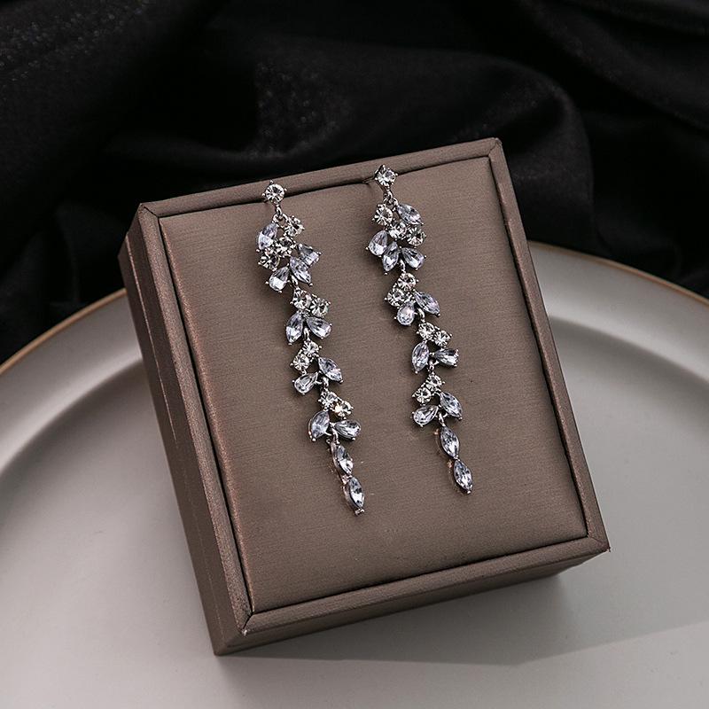 Premium Leaf Fringed Earrings, Light Luxury Geometric Water Drop Diamond Earrings Temperament Long Earrings
