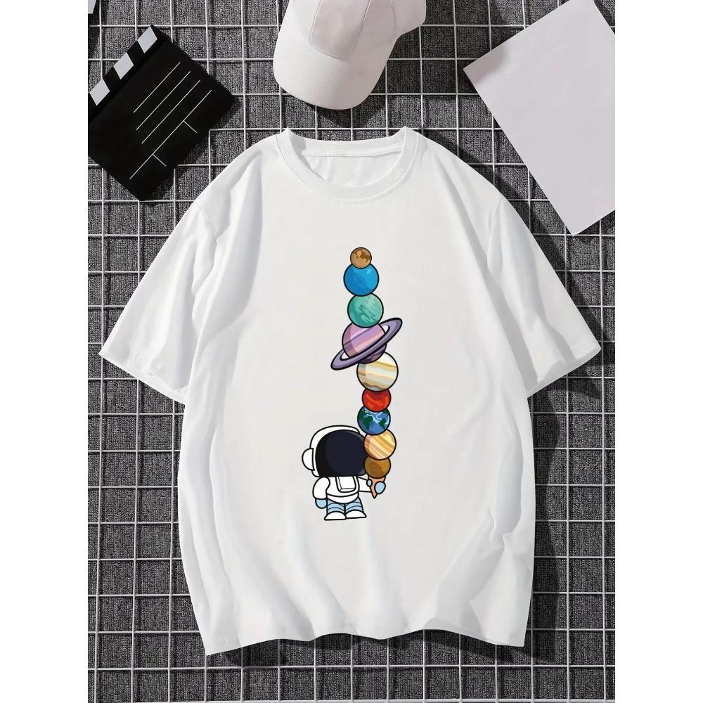 Men's Cartoon Polyester Tee, Astronaut and Planet Print, Best Sale