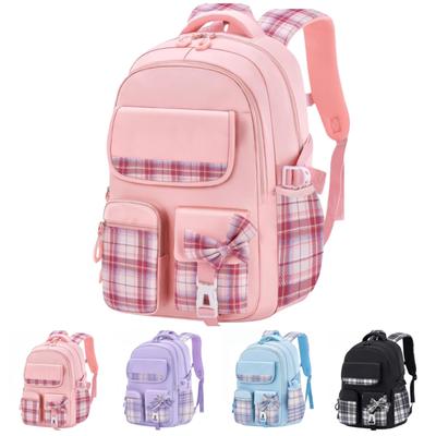 Backpack for Elementary School Lightweight Large A4 Backpack for Field Cram and Cute Checkered Pattern with Ribbon and Chest Strap [yuknsnor] Girls,