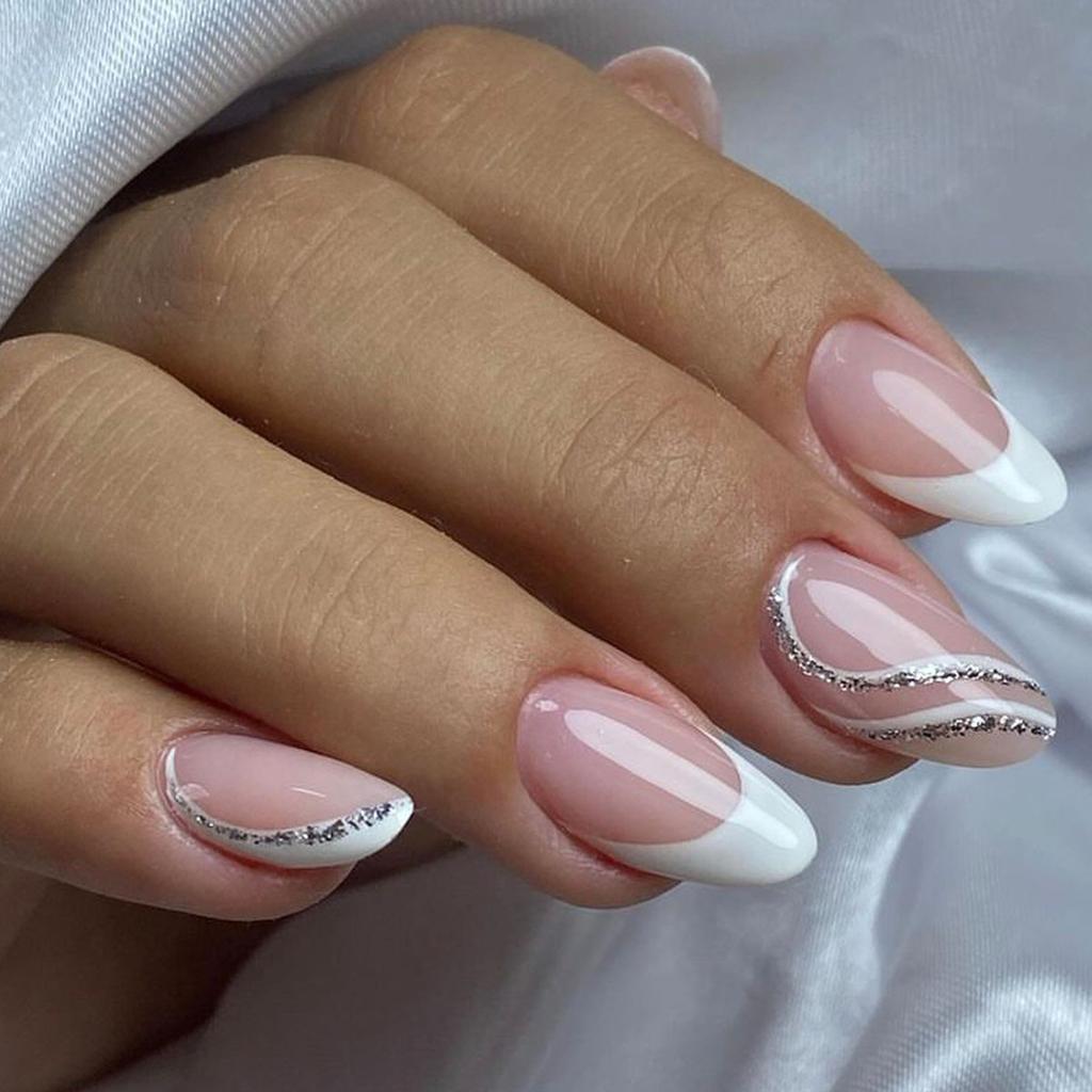 24Pcs French Almond Press On Nails White Lace Red Heart Design Full Cover Fake Nail Tips Wearable Manicure