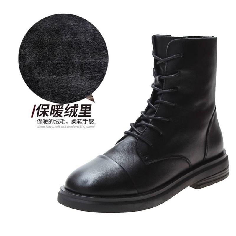 Boots female 2025 spring and autumn Martin boots British style round head flat heel medium tube short boots thin retro leather shoes