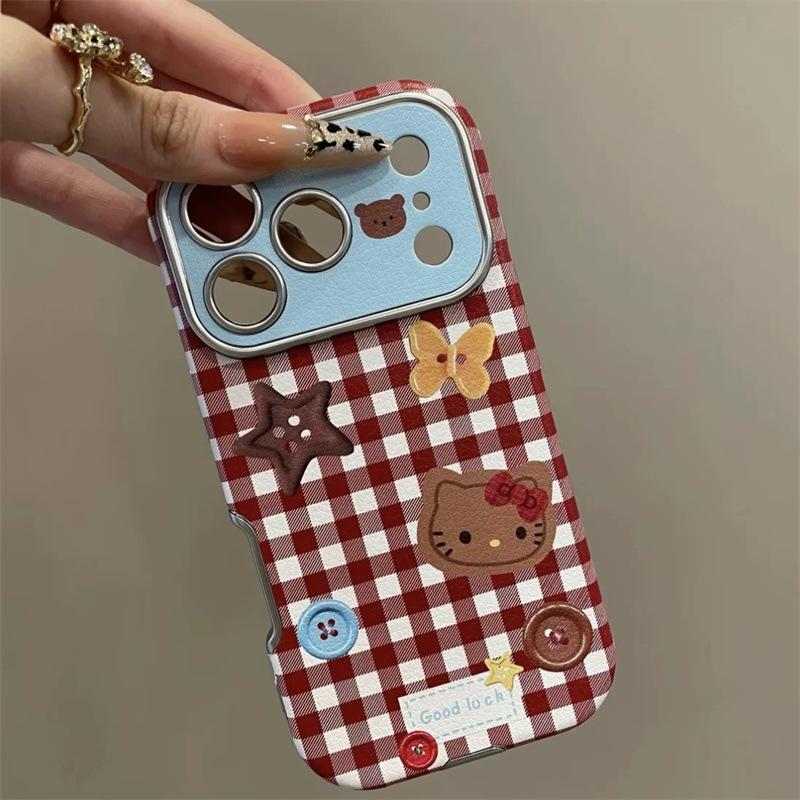 Plaid KT cat is suitable for iPhone17pro mobile phone case, Apple 16pro, large window 15pro, lattice 14pro