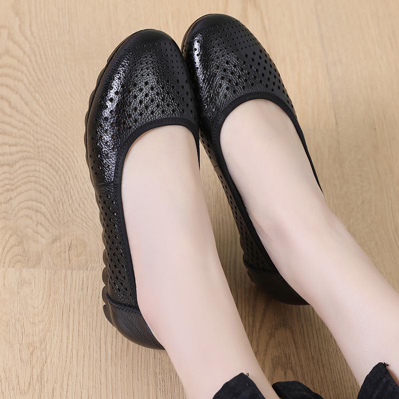Fashion GKTINOO White Genuine Leather Ladies Breathable Summer Shoes Women Flats Slip-On Loafers Round Toe Soft Flat Shoes Casual