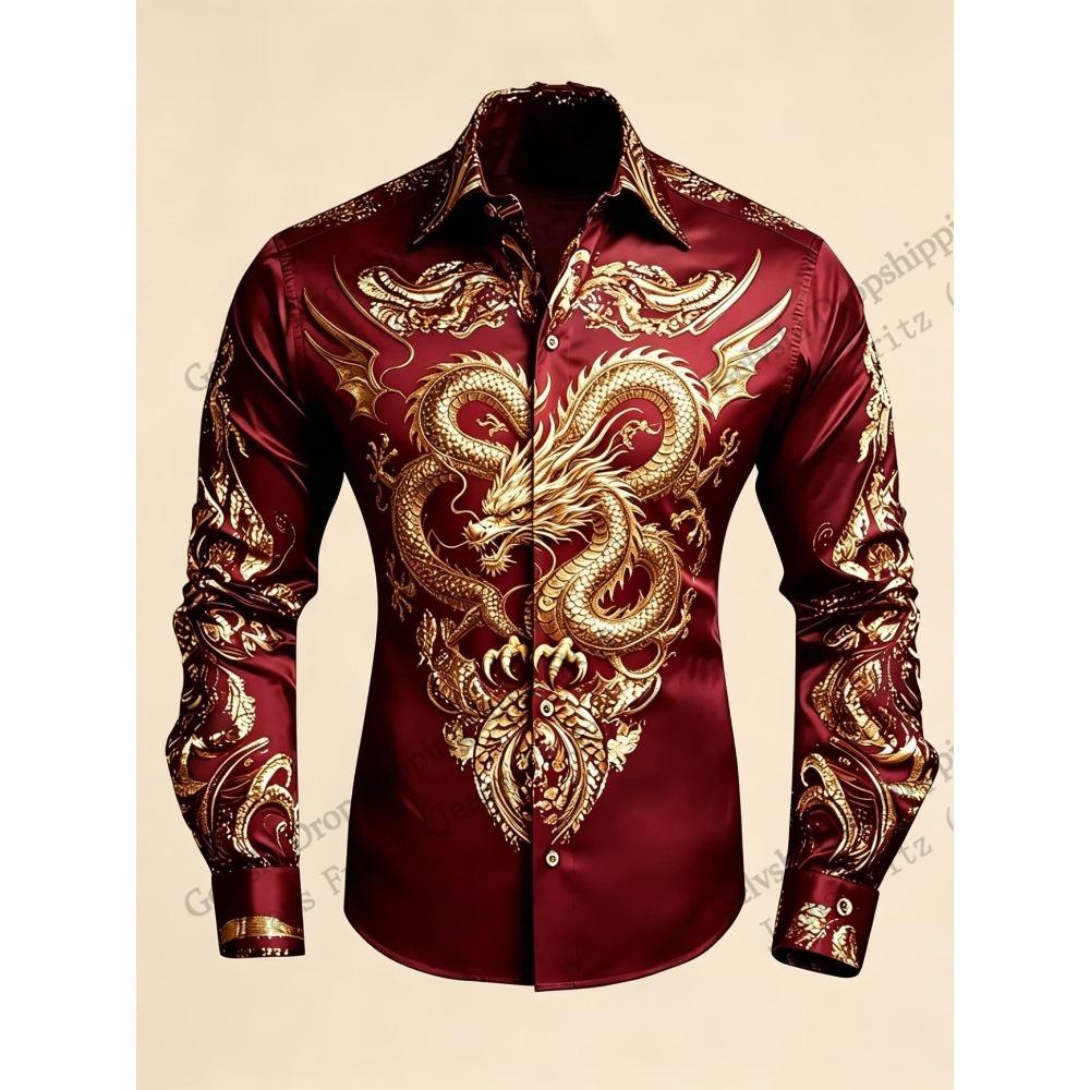 Long Sleeve Button Up Luxury Golden Shirt Chinese New Year Dragon 3d Print Hawaiian Shirt Men Women Fashion Eagle Design Blouse