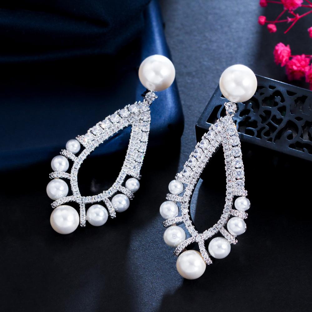 

Cwwzircons Bling кубический цирконий павлин роскошные большие длинные висячие жемчужные свадебные серьги для женщин элегантные вечерние свадебные украшения Cz223 5.7cm
