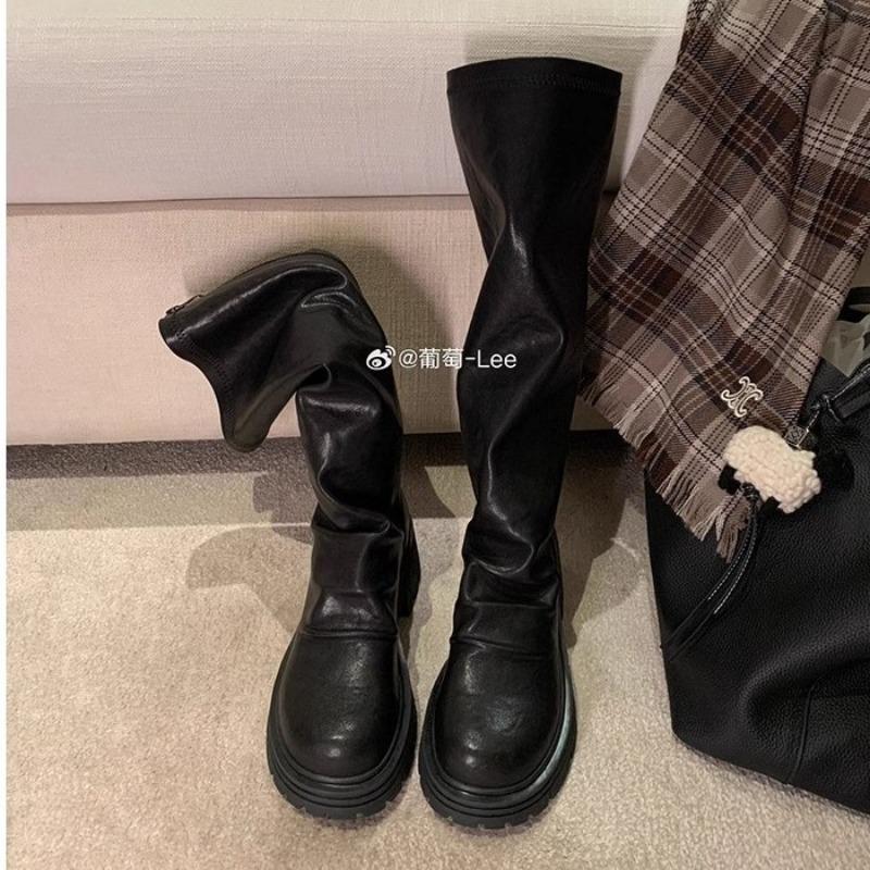 Cowhide Leather Thick-bottomed Pleated Pile Boots Women's Thick Heel Tall Boots Elastic Skinny Boots