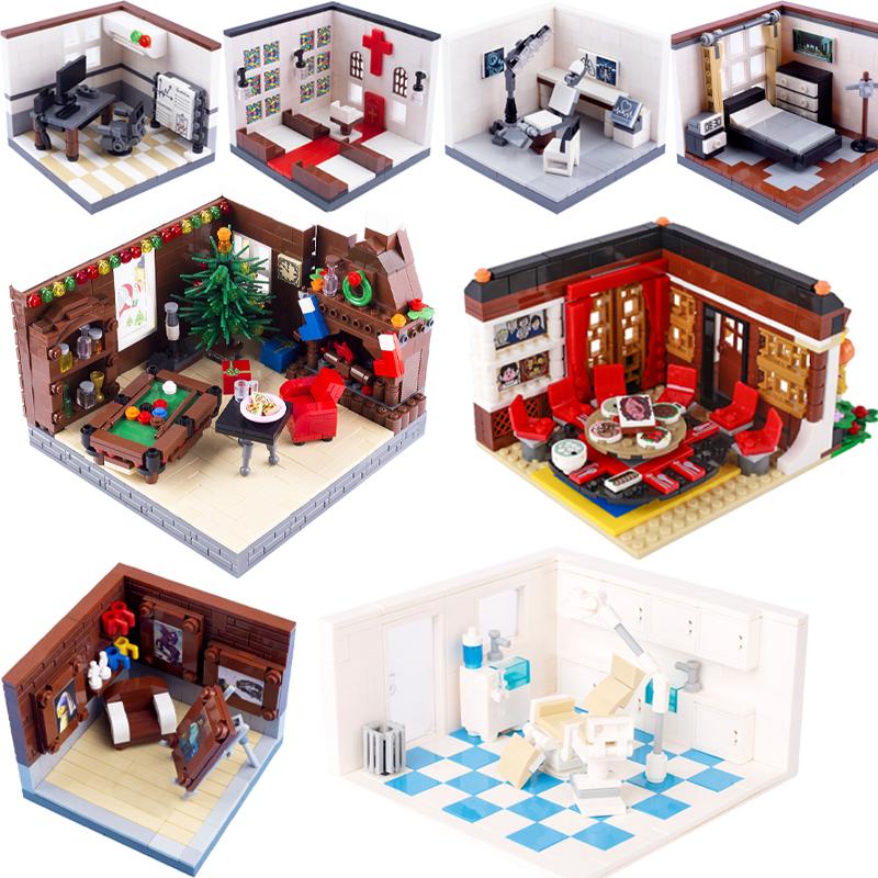 MOC City Church Bedroom Hospital Building Blocks Studio Christmas Cabin Mini Bricks Model Printed Figures Scene Kids Toys Gifts