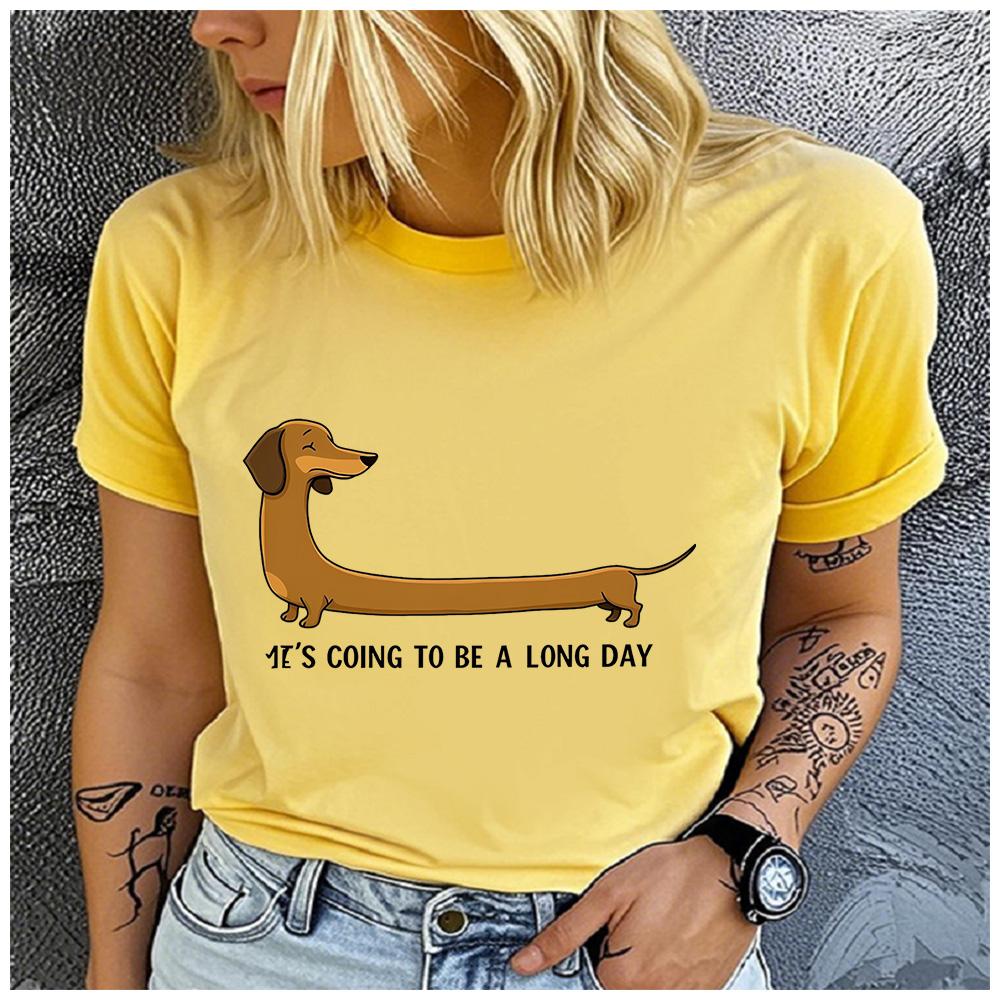 Polyester 100% It's Going To Be A Long Day Dachshund Graphic Women T-Shirt Funny Wiener Dog Lover Casual Tee