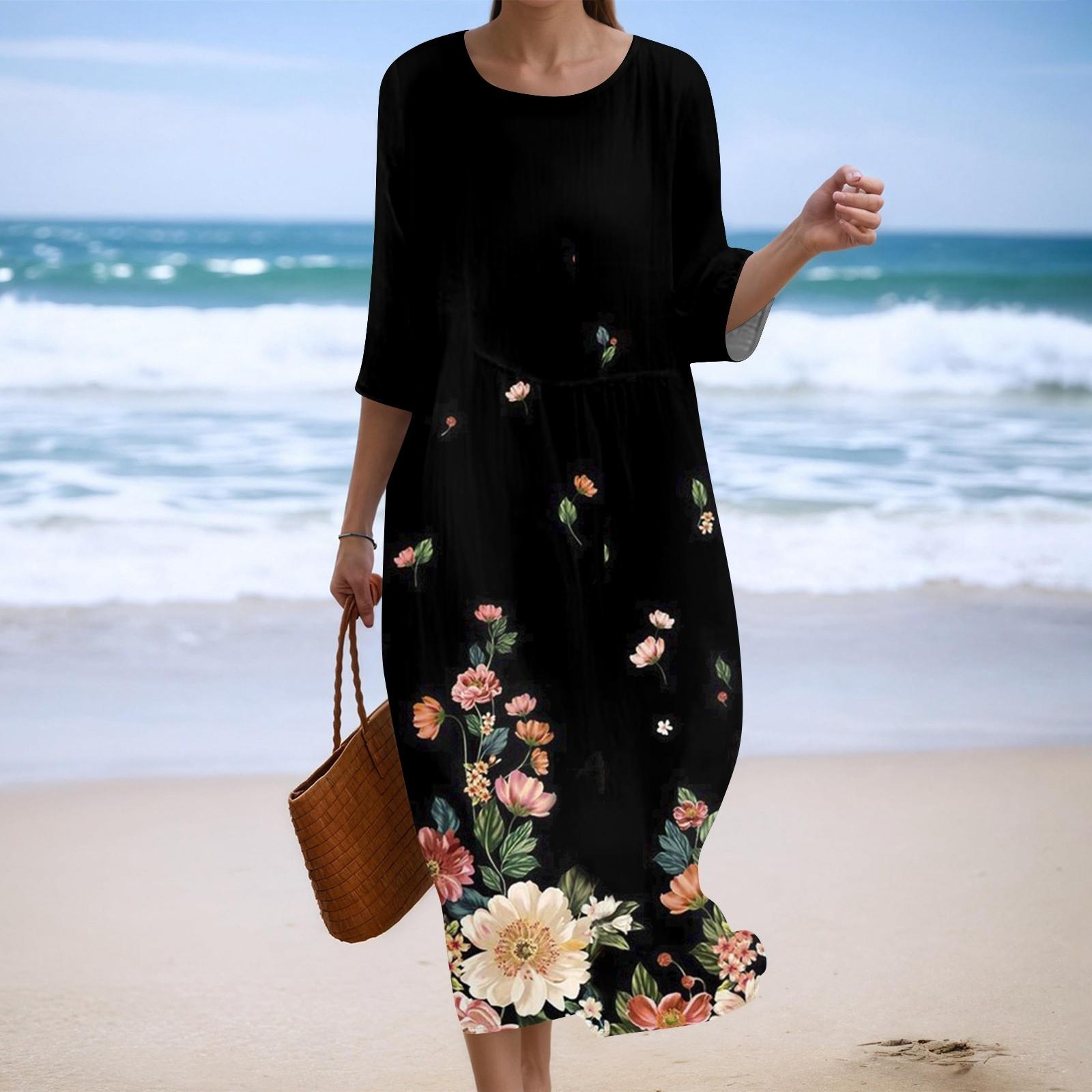 

Женское модное платье свободного кроя с принтом, круглым вырезом и рукавом три четверти XXL чёрный