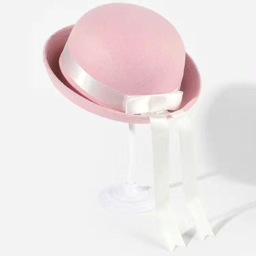 College Style Bow Bowler Hat Cute Sailor Hat Retro Round Dome Fedora Hat  Outdoor