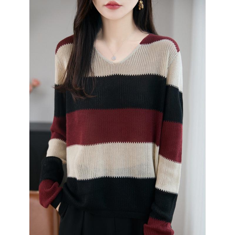 Korean Color Block V-Neck Knit Sweater - Women's Casual Striped Loose Fit for Early Autumn