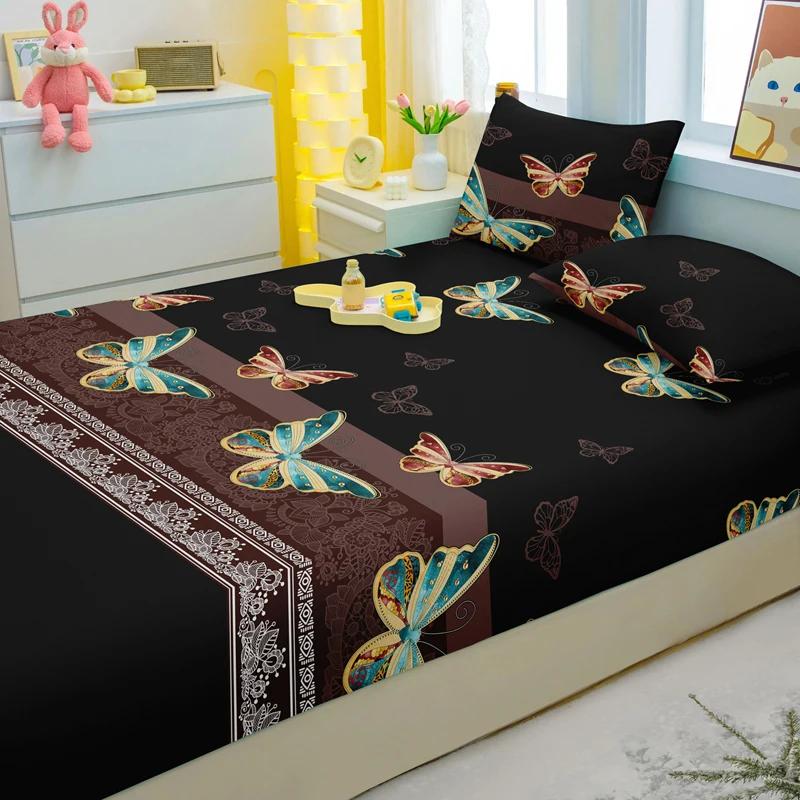 1 Simple Modern Butterfly Printed Matte Fitted Sheet, Bedroom Printed Bed Cover, Bedding (Excluding Pillowcases)