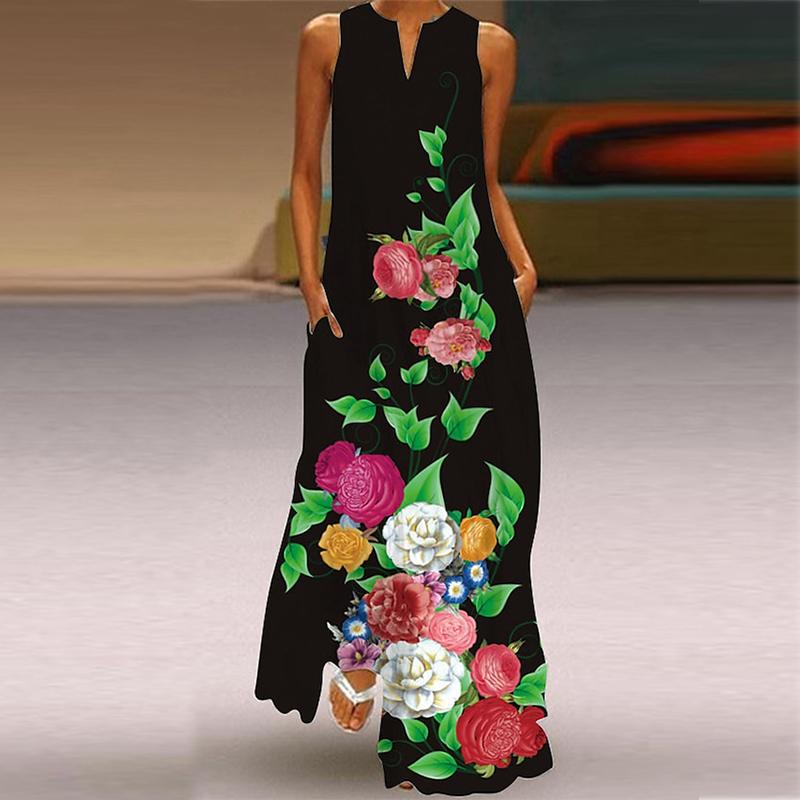 Women's A-line Dress Maxi Long Sleeveless Flower Face Colorful Feather Print Autumn and Winter V-neck Retro Style Elegant