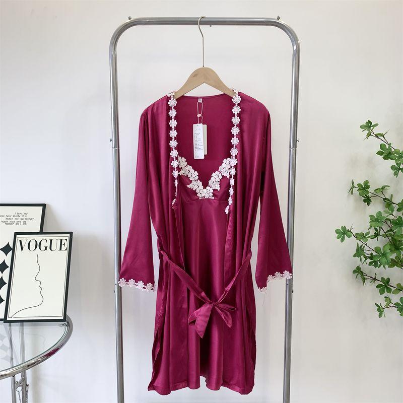 

Комплект из двух предметов Шелковая пижама Женская Летняя Сексуальная Мягкая Майка с Бретелями Ночная рубашка с Длинным Рукавом Весна и Осень Тонкий Халат Домашний Костюм Rose Red(One-piece robe, no hanging skirt) XL