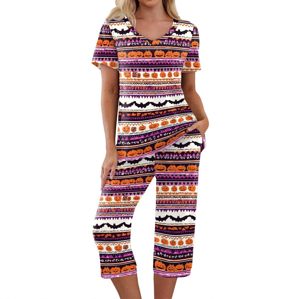Women's Halloween Two-Piece Outfit Set - Casual Short Sleeve Top and Printed Pants, Comfortable Sportswear for Holiday Parties
