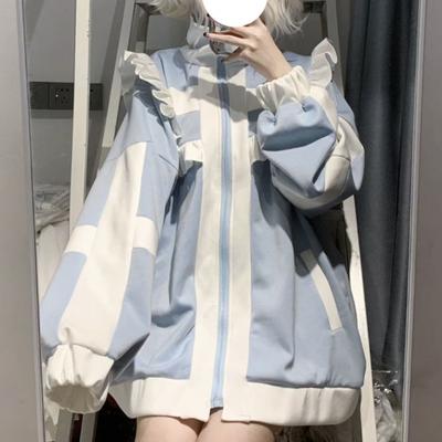 Japonské Streetwear Bundy Ženy Styl Lolita Stojánek Výstřih Zip Oversized Outwear Y2k Topy Volány Kontrastní barva Elegantní kabáty