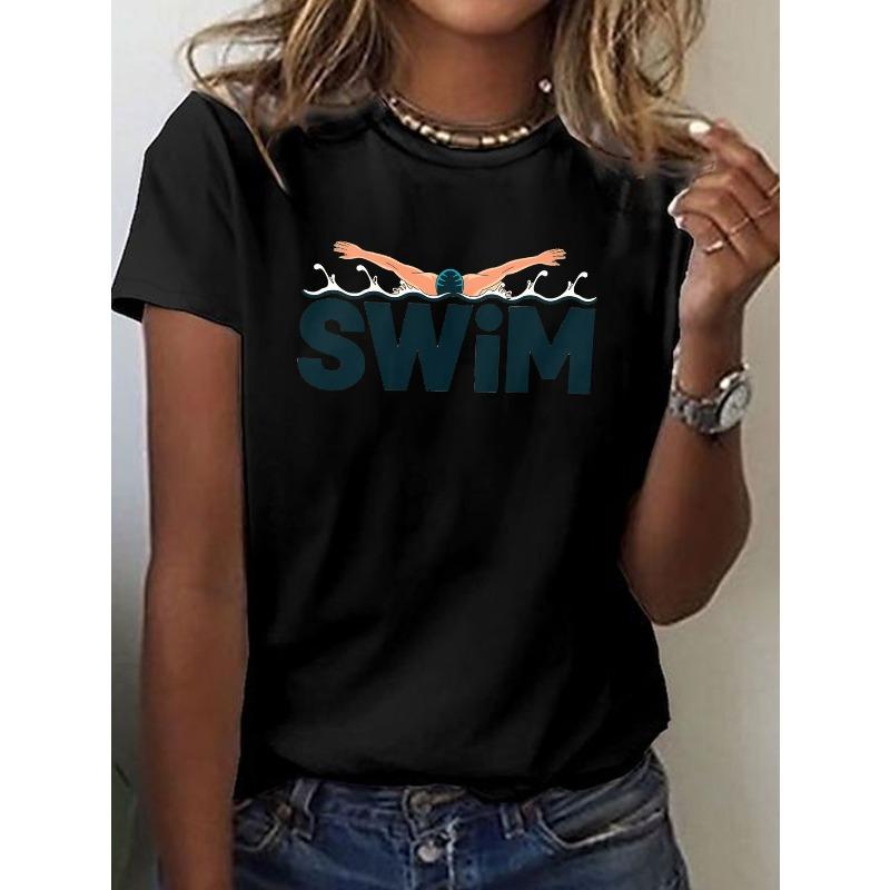 

European sizes Casual Short-Sleeve Crew Neck T-Shirt Featuring a Swimmer Illustration And Swim Typography, Perfect for Spring And Summer Fashion 4XL