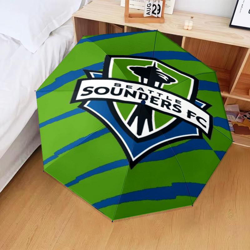 1 Stück Seattle Sounders FC Bedruckter Regenschirm Faltregenschirm, Automatischer Regenschirm 8-Speichen für Reisen, Camping Fan Geschenke Weihnachtsgeschenke