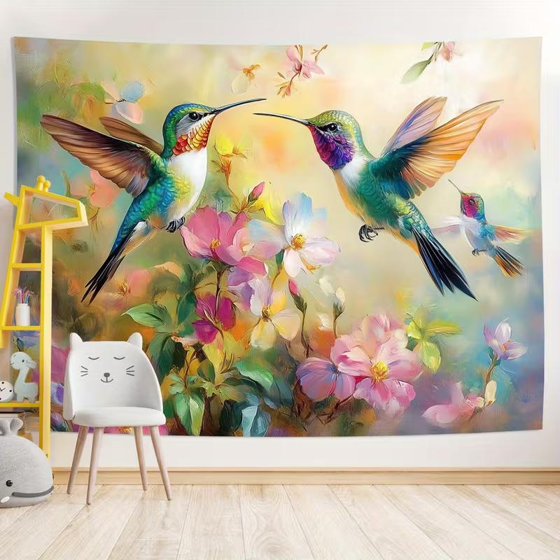 2D Hummingbird Floral Tapestry Wall Hanging Oil Painting Style Bird Flower Home Decor for Bedroom