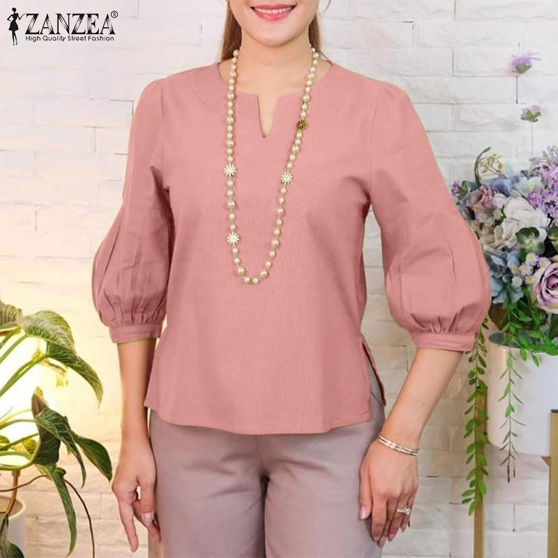 ZANZEA Women Casual V-Neck Solid Color Summer 3/4 Sleeve Blouse
