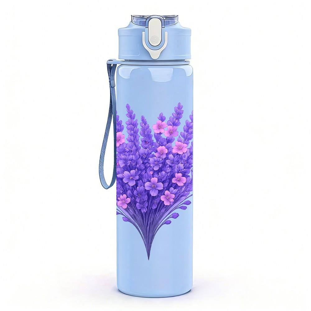 1PC Lavender Purple Flower 750ml Color Plastic Sports Water Bottle Leakproof Flip Straw Lid Suitable for Sports Office Home Use