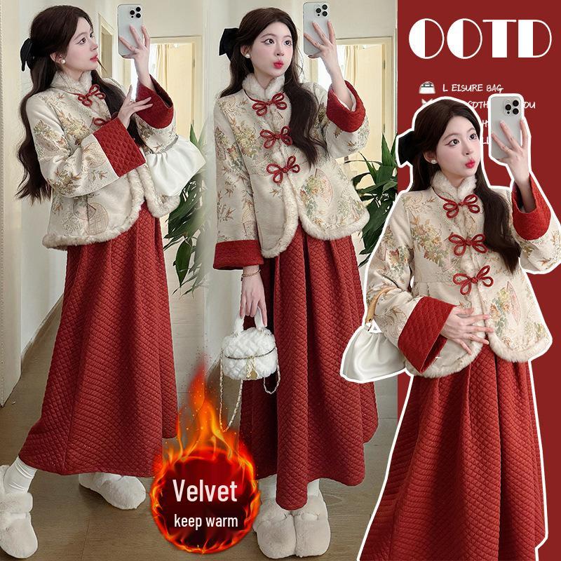 2025 Chinese-Style Velvet Maternity Skirt Set L