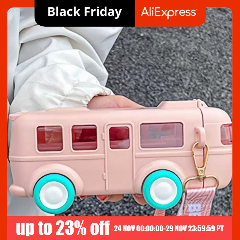 500ml Baby Bus Water Bottle Removable Leak-Proof Car Shape Straw Water Cup with Shoulder Strap Cute Kid's Water Bottle Students