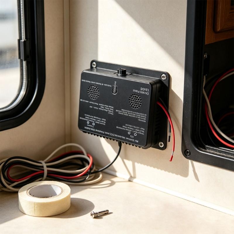 Metal Housing Gas Monitor for Motorhomes with Face-Mounted Test/Silence Control, 2 Side Openings, Red and Black Cables, and Installation Tool