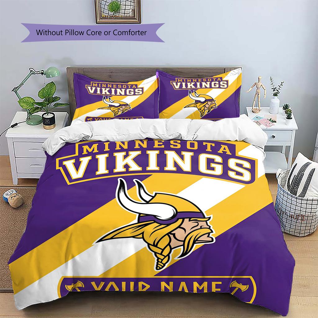Benutzerdefinierter Name Minnesota Vikings 3 Muster Bettwäsche Steppdecke Set Heimdekoration Geschenk (1 Bettbezug + 2 Kissenbezüge (ohne Füllung))