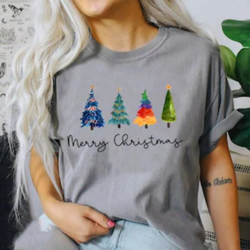 Merry Christmas Reindeer T-Shirt Santa Hat Christmas Tree Vintage Family Costume Harajuku Sleeve Casual