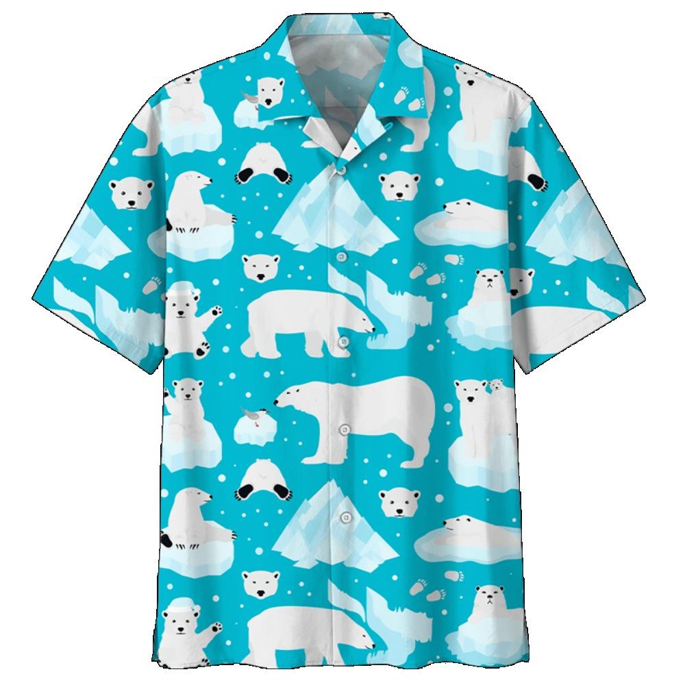 Cute Polar Bear Pattern Aloha Shirt For Men 3D Printed Panda Animal Short Sleeve Loose Lapel Hawaiian Shirts Button Blouse