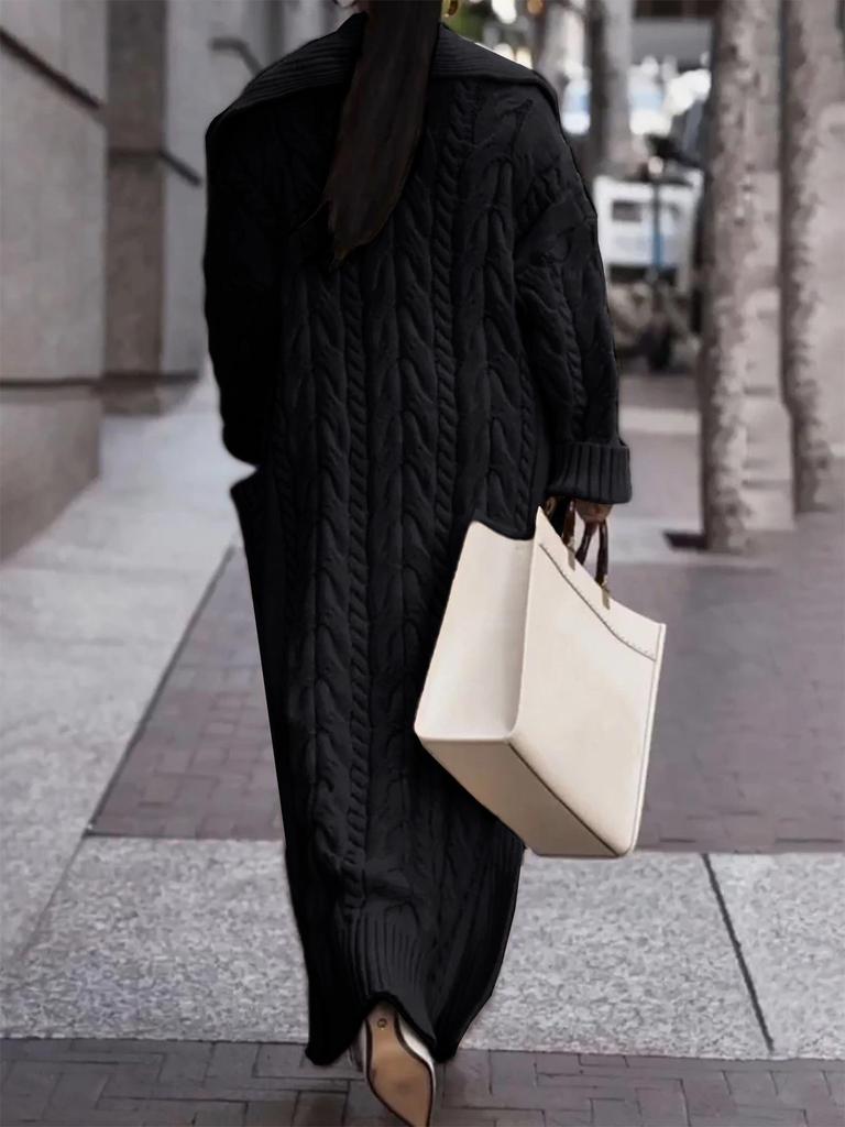 European and American Chunky Cable Knit Long Cardigan with Big Lapel for Spring, Autumn, and Winter