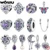 WOSTU 925 Silver Dreamy Purple Heart Charms Safety Chain Space Jewelry Beads Fit Original Bracelet DIY Bangle For Women