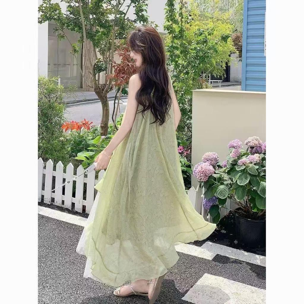 Green Mesh Patchwork Floral Camisole Dress - Autumn 2026 Collection, Slimming Vacation Style for Women.