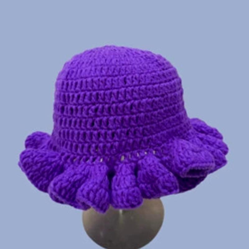 Colorful Crochet Ruffle Bucket Hat Warm Stretch Knit Hat New Year Celebration Women'S Fashion Handmade Beanie Hat Tool Tentacle