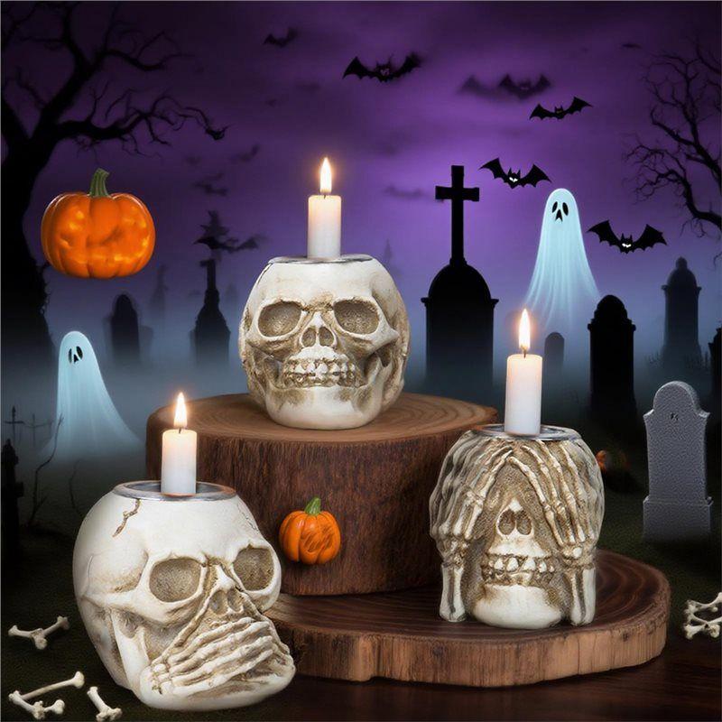 Feb.Resin Craft Halloween Skull Candle Holder, Table Decor Centerpiece Candlestick Candles, Spooky Creepy Design