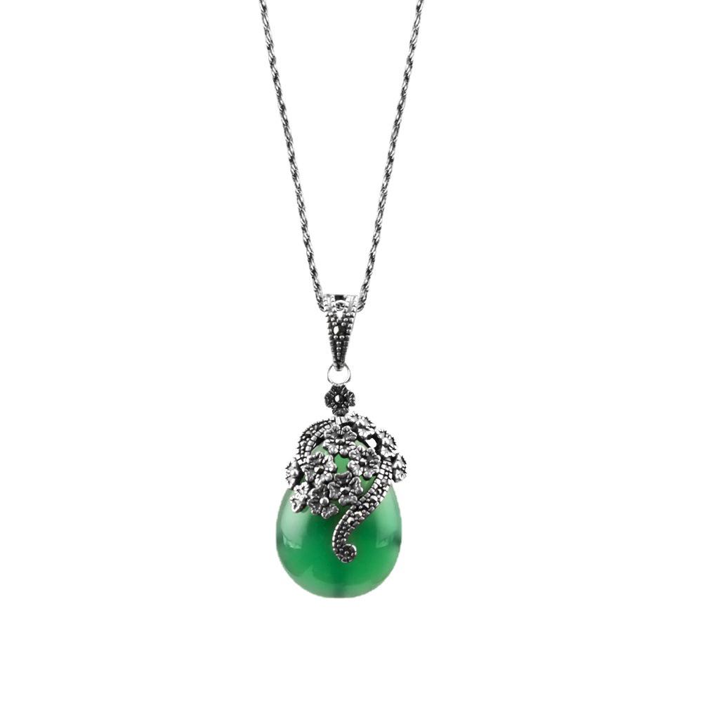 Jade Angel Vintage Women's Necklace Pendant with Chalcedony, Synthetic Garnet, and Cat's Eye Stones In S925 Thai Sterling Silver.