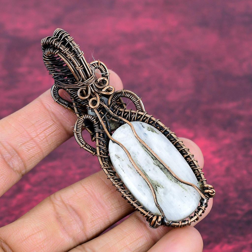 Rainbow Moonstone Pendant Copper Wire Wrapped Handmade Jewelry Gemstone Pendant