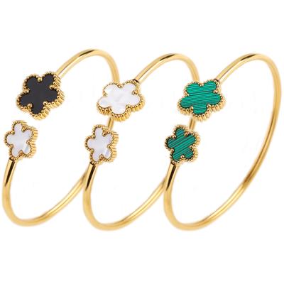 Gold-Plated Stainless Steel Five-Leaf Flower Open Bangle Luxury For Woman Girl Party Lucky Zircon Accessories Daily Wear Clover