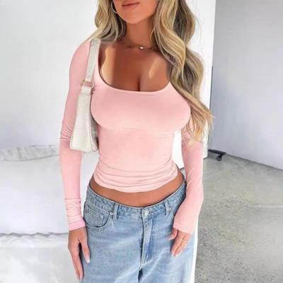 Women's Y2K Slim and Skinny Solid Colour U Neck Long Sleeve Top
