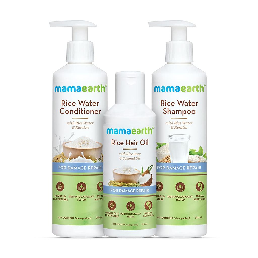 Mamaearth Rice Hair Oil 150ml + Shampoo 250ml + Conditioner 250ml | Strengthens Roots & Repairs Damage | Sulfate-Free Hair Care Set