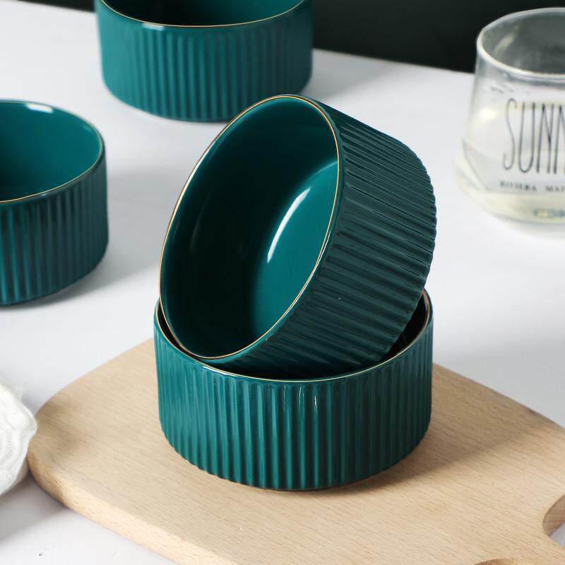 Emerald Green Gold-Rimmed Tableware Set: Vertical Stripes Design, Creative Rice and Soup Bowls