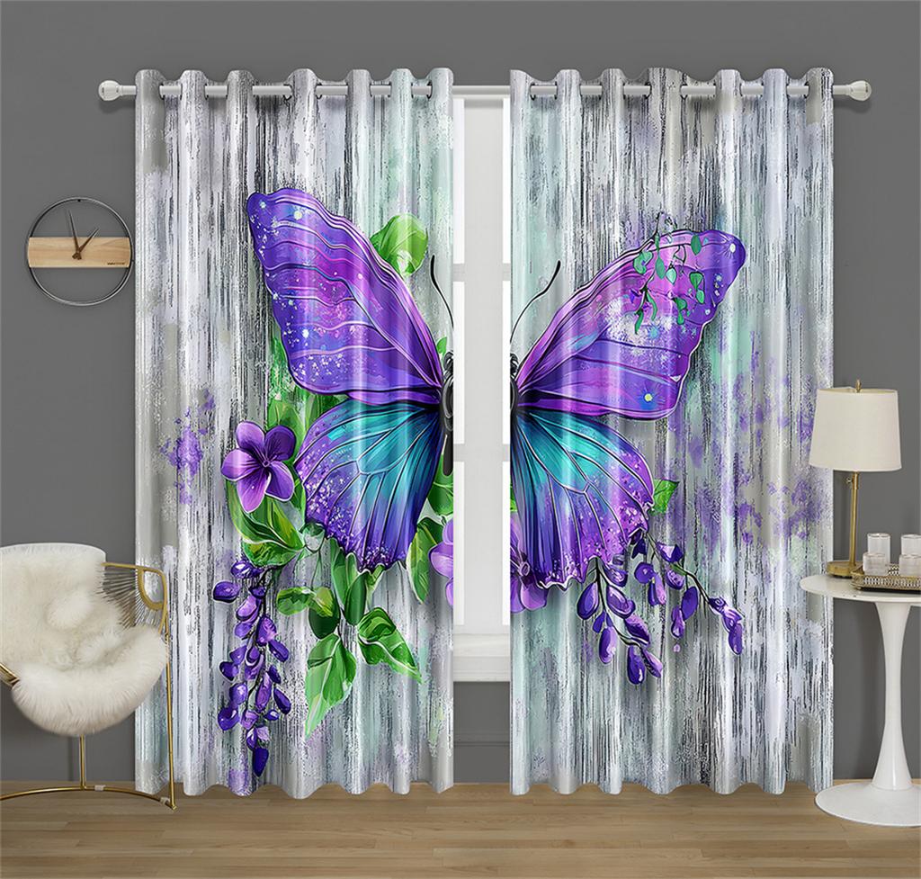 Fleur de Glycine Papillon Décor de Cuisine Rideau Fond Style Mur Feuille Verte Convient Décor Salon Chambre 2 Panneaux