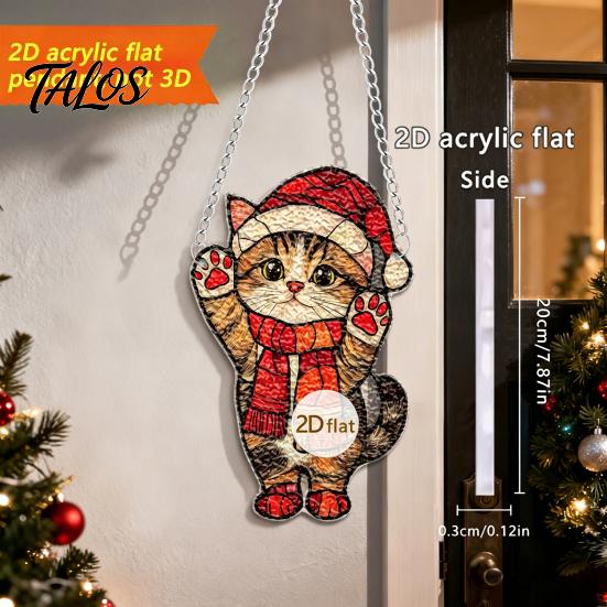 Santa Claus Snowman Patterns Colorful Acrylic Suncatcher, Stained Glass Style Christmas Hanging Ornaments, Durable Pieces Cat Pattern Sun Catcher